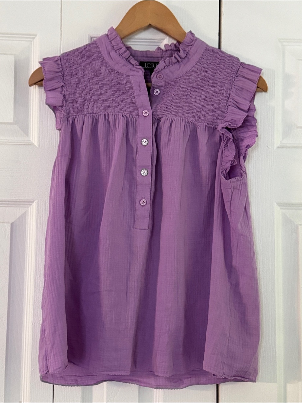 J. Crew Lavender Smocked Yoke Ruffle Sleeve Blouse short sleeveless large